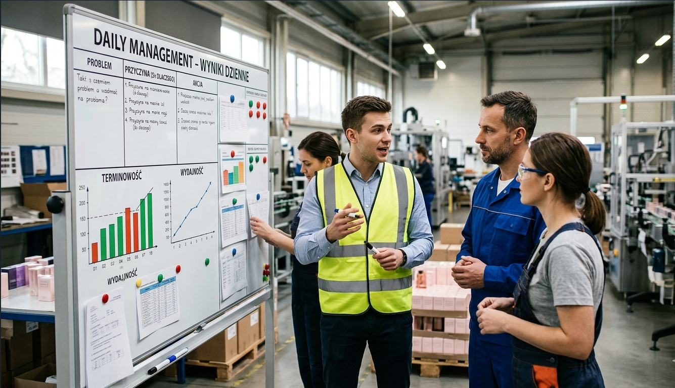 Zespół produkcyjny przy tablicy Daily Management – transformacja Lean