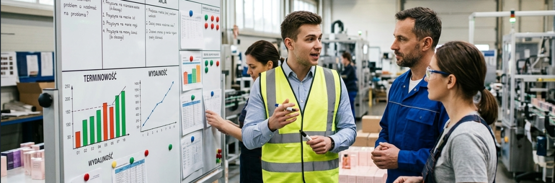 Zespół produkcyjny przy tablicy Daily Management – transformacja Lean